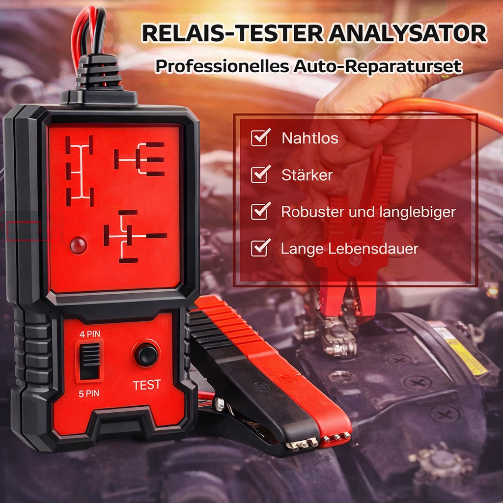 Professioneller Kfz-Relais-Tester für Werkstätten, unerlässlich bei der Relaisdiagnose von 12V-Systemen.
