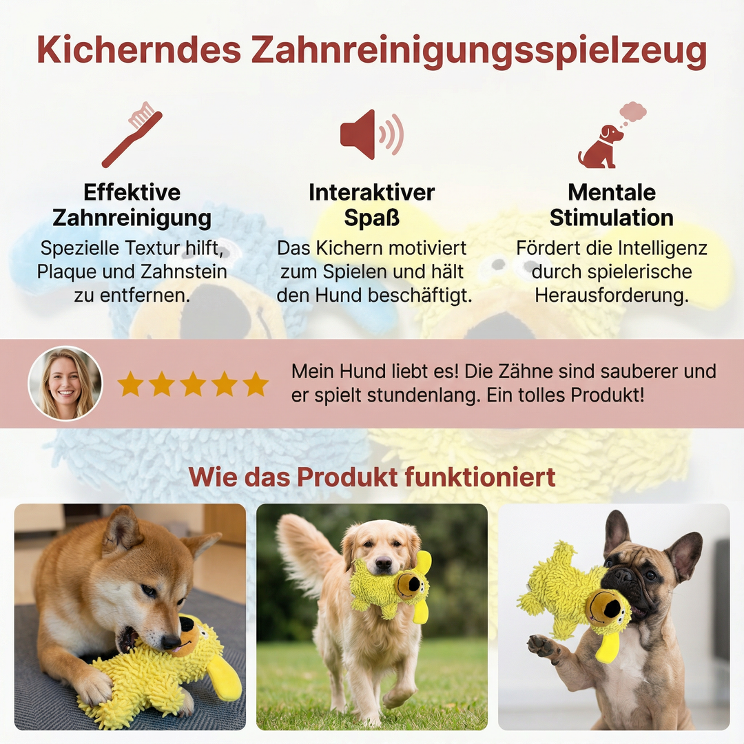 Kicherndes Zahnpflege-Hundespielzeug für Welpen & erwachsene Hunde. Robustes, langlebiges Spielzeug für gesunde Zähne.