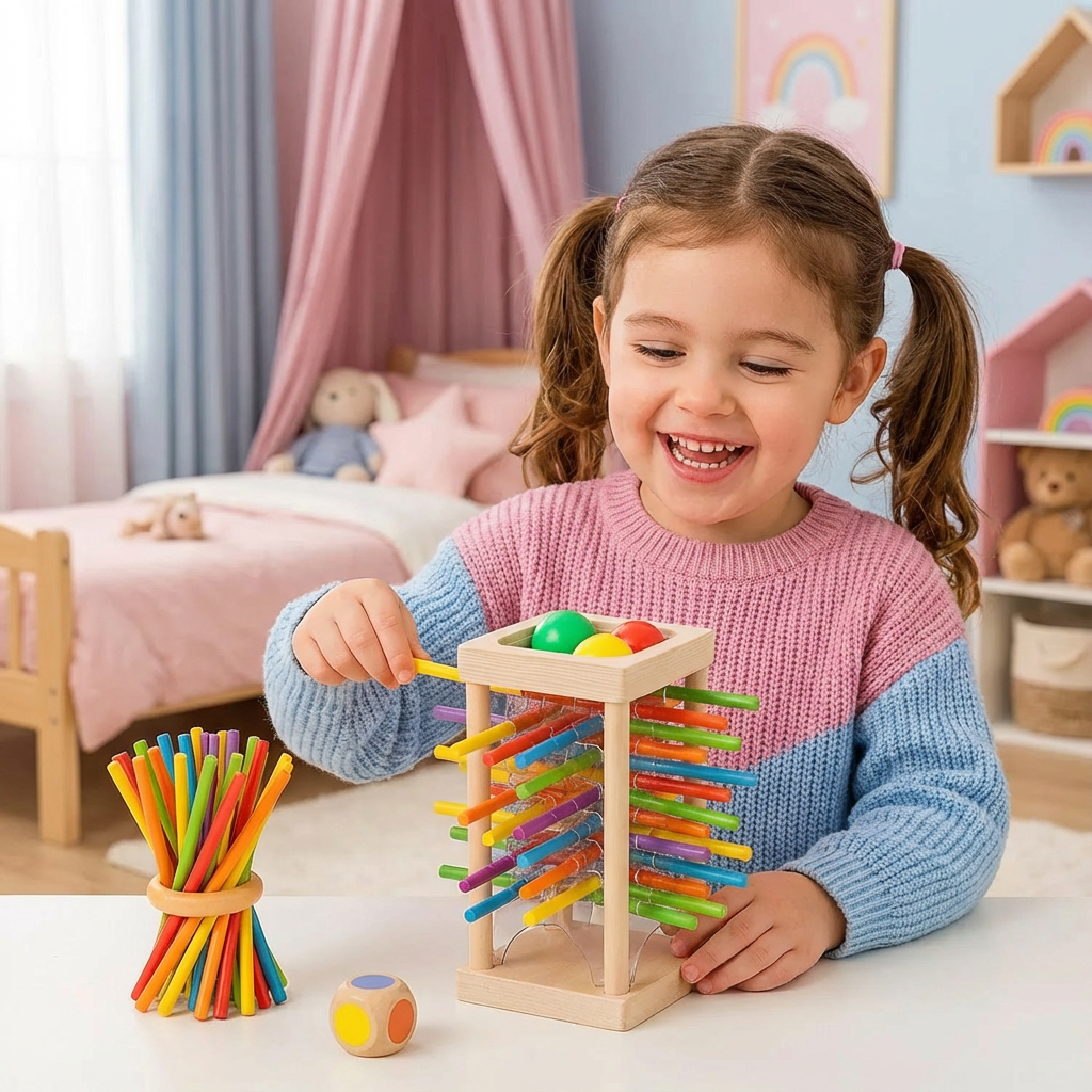 Kinder 3in1 Holz Geschicklichkeitsspiel mit Kugeln & Stäbchen. Pädagogisches Lernspiel zur Förderung von Feinmotorik.