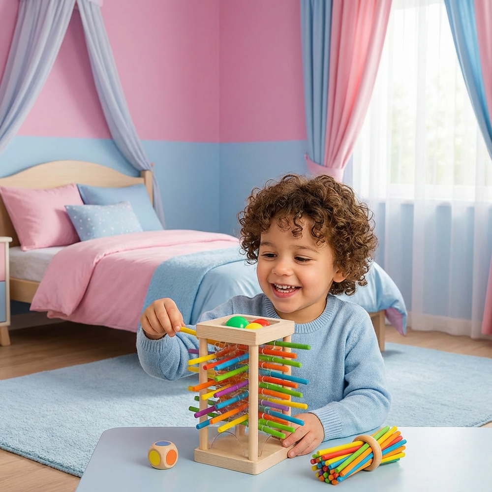 Nahaufnahme des Holz Geschicklichkeitsspiels: Kinder stecken bunte Stäbchen in Löcher. Fördert Motorik & Logik.
