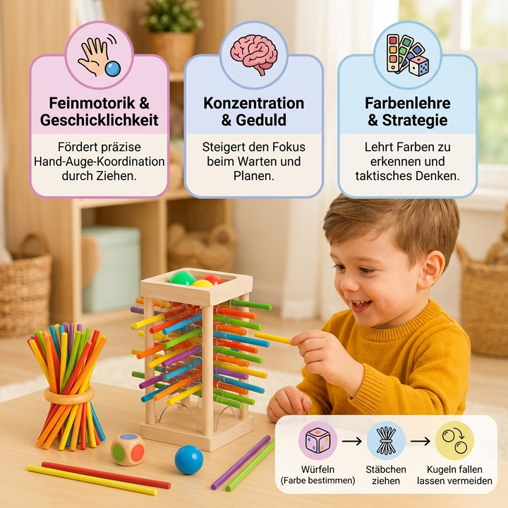 Holz Balancierspiel für Kinder: Bunte Kugeln werden durch ein Labyrinth navigiert. Trainiert Konzentration & Geschicklichkeit.