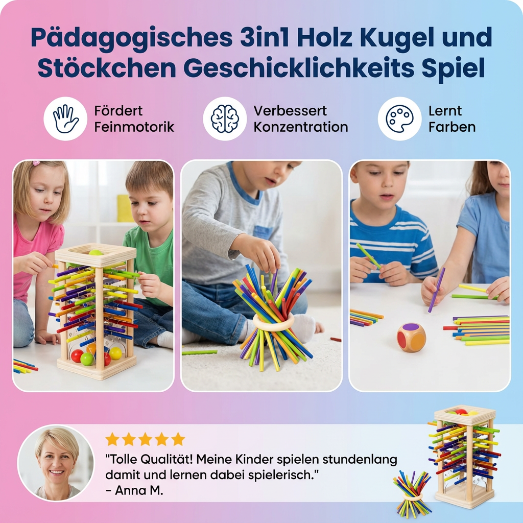 Kind spielt konzentriert mit dem 3in1 Holz Geschicklichkeitsspiel. Motorikspielzeug für Vorschulkinder & Feinmotorik.