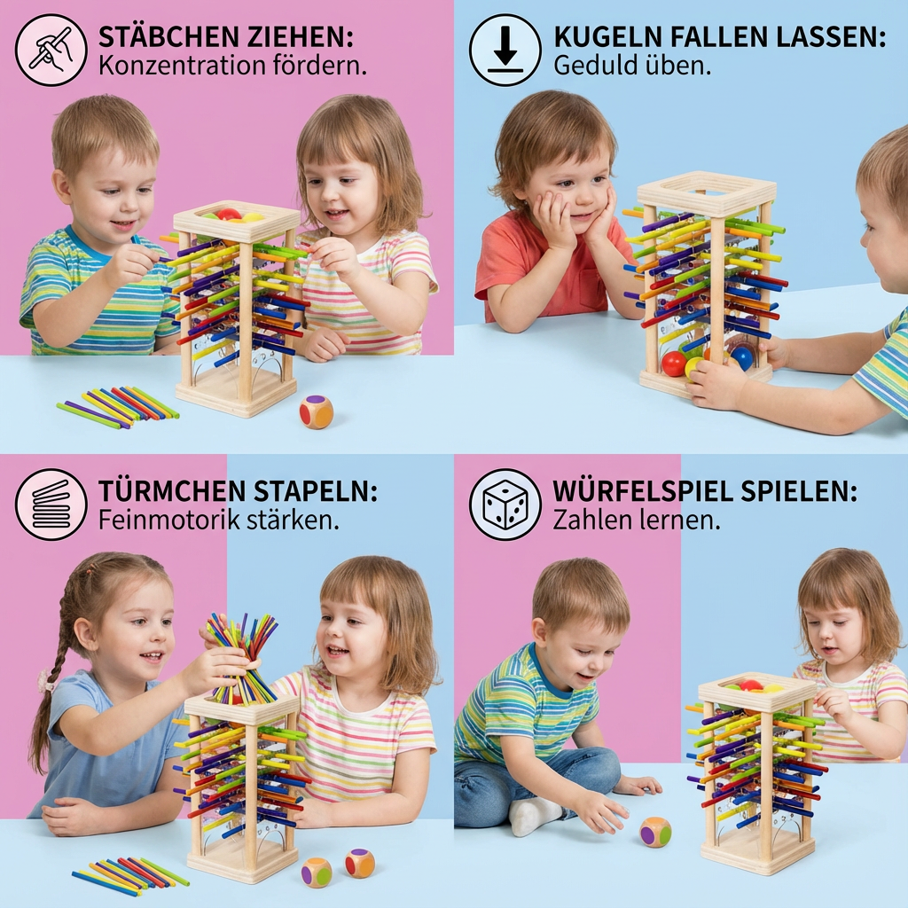 Hochwertiges Holzspielzeug: 3in1 Geschicklichkeitsspiel mit Kugeln & Stäbchen. Robustes Lernspiel für Kinder.