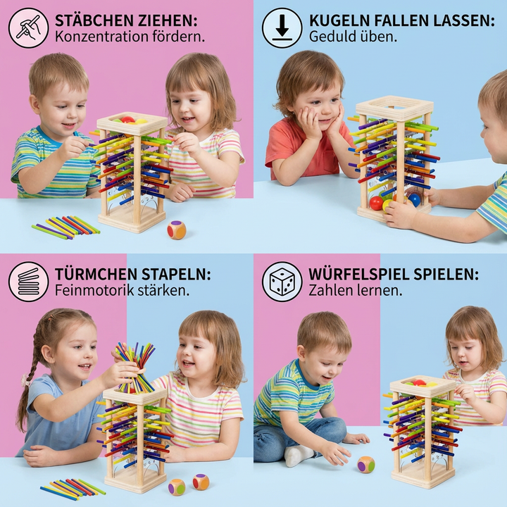 Hochwertiges Holzspielzeug: 3in1 Geschicklichkeitsspiel mit Kugeln & Stäbchen. Robustes Lernspiel für Kinder.
