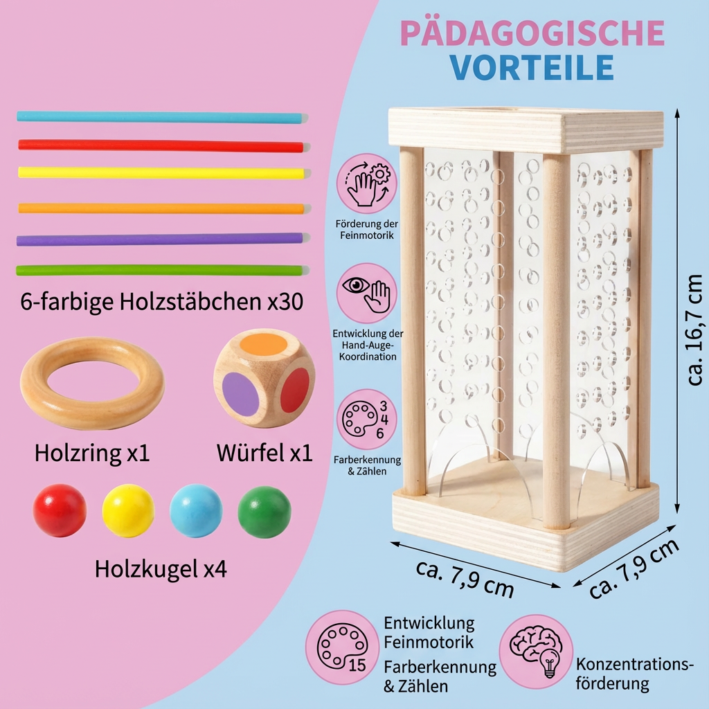 Familie spielt das 3in1 Holz Geschicklichkeitsspiel. Fördert Feinmotorik, Konzentration und logisches Denken bei Kindern.