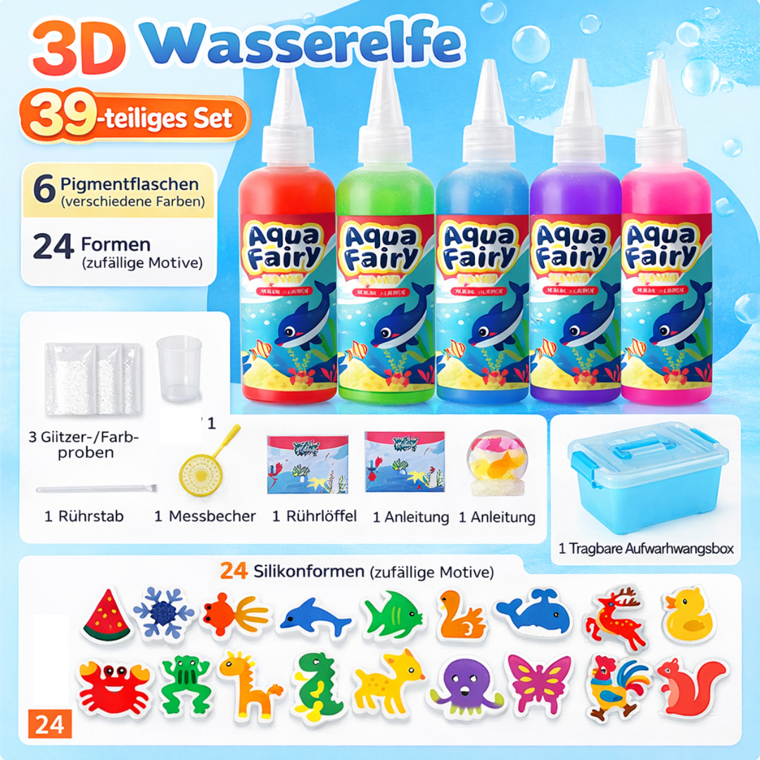 Buntes AquaKreativ Seepferdchen schwebt in einer Wasserschale. Kinder basteln mit diesem Kreativset eigene Meerestiere.