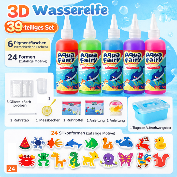 Buntes AquaKreativ Seepferdchen schwebt in einer Wasserschale. Kinder basteln mit diesem Kreativset eigene Meerestiere.