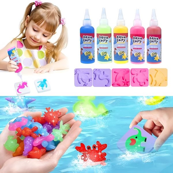 Geöffnetes AquaKreativ Kreativset zeigt Farbtuben, Formen & Anleitungen. Für fantasievolle Meerestier-Kreationen.