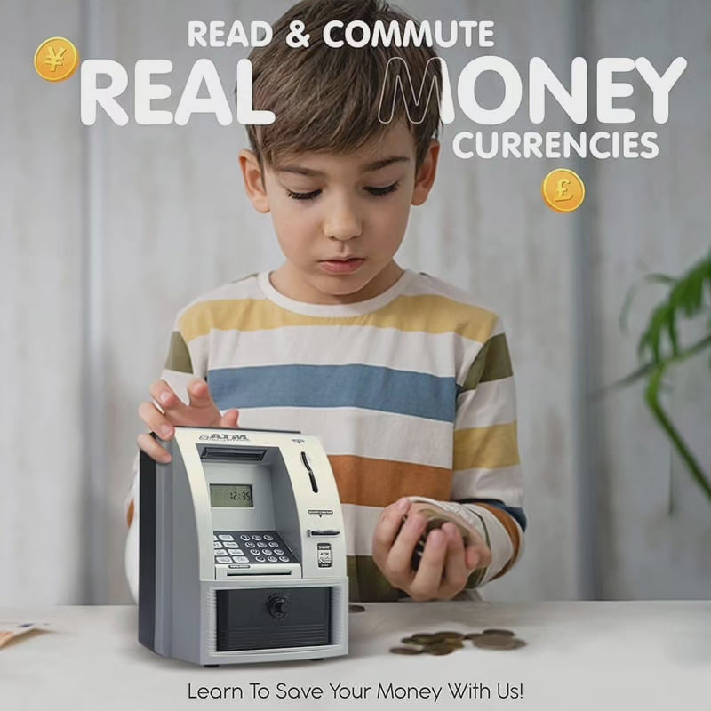 Interaktive Kinder ATM Spardose in Blau/Grau mit Funktion für Scheine & Münzen. Ideal zum Lernen & Spielen.