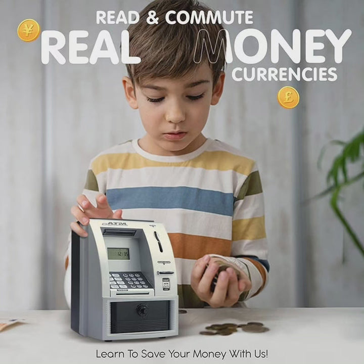Interaktive Kinder ATM Spardose in Blau/Grau mit Funktion für Scheine & Münzen. Ideal zum Lernen & Spielen.