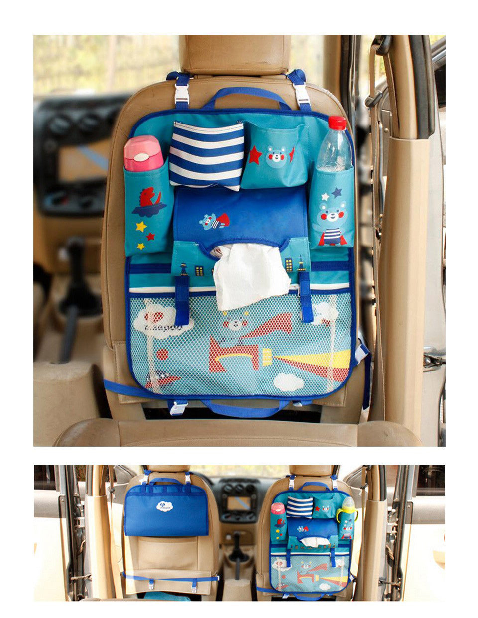 Praktischer Auto Organizer für Kinder, als Reise Zubehör mit Tablet- & Getränkehalter für lange Fahrten.