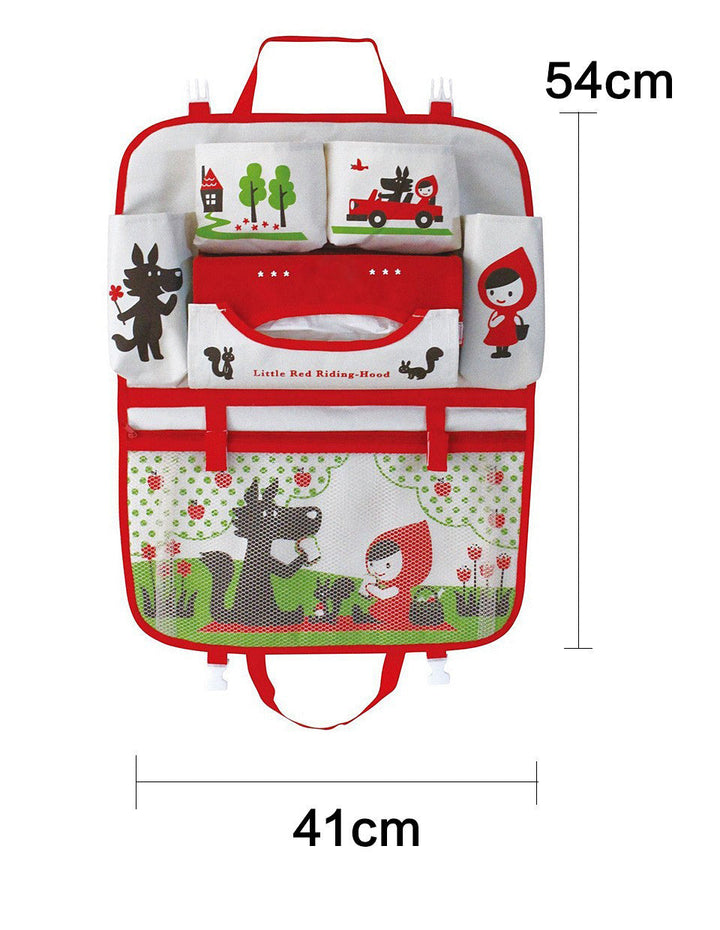 Detailansicht des Kinder Rücksitz Organizers mit Tablet-Halterung, Flaschenfach und Netztaschen.