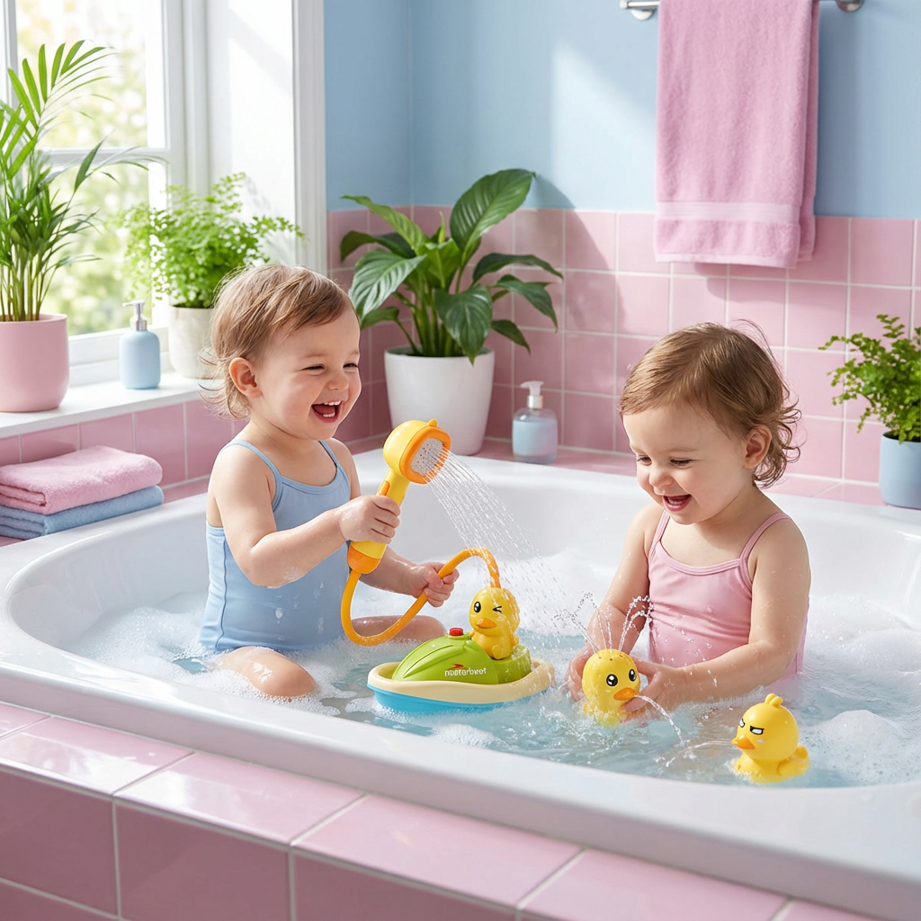 Kinder Badespielzeug Entenfontäne mit Duschkopf, ideal für Badespaß und spielerisches Lernen im Bad.