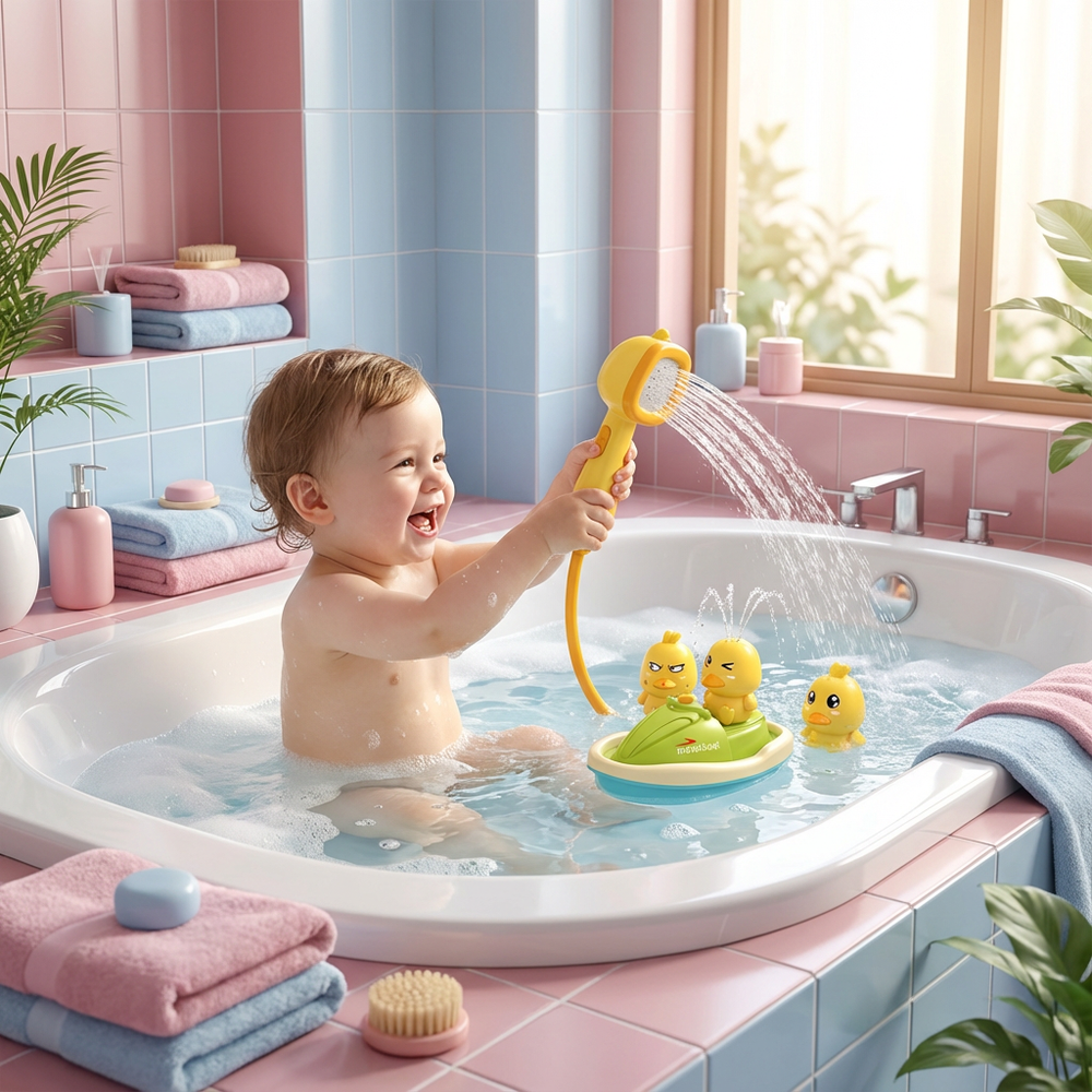 Süße Entenfontäne mit Duschkopf für Kinder, ein spannendes Wasserspielzeug das Motorik und Kreativität fördert.