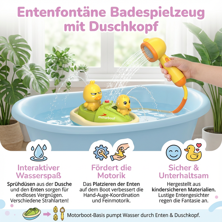 Babyspielzeug Entenfontäne mit abnehmbarem Duschkopf, sorgt für großen Badespaß bei Kleinkindern und Babys.
