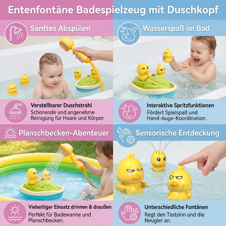 Lustiges Badespielzeug: Entenfontäne und Duschkopf für endlosen Wasserspaß in der Badewanne für Kinder.