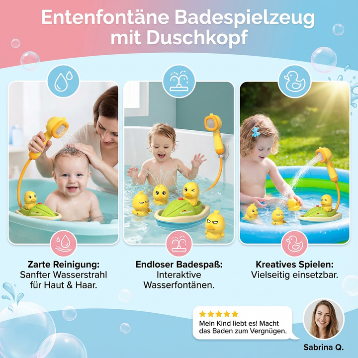 Interaktives Entenfontäne-Badespielzeug für Kinder, mit Pumpe und Duschkopf für vergnüglichen Badespaß.