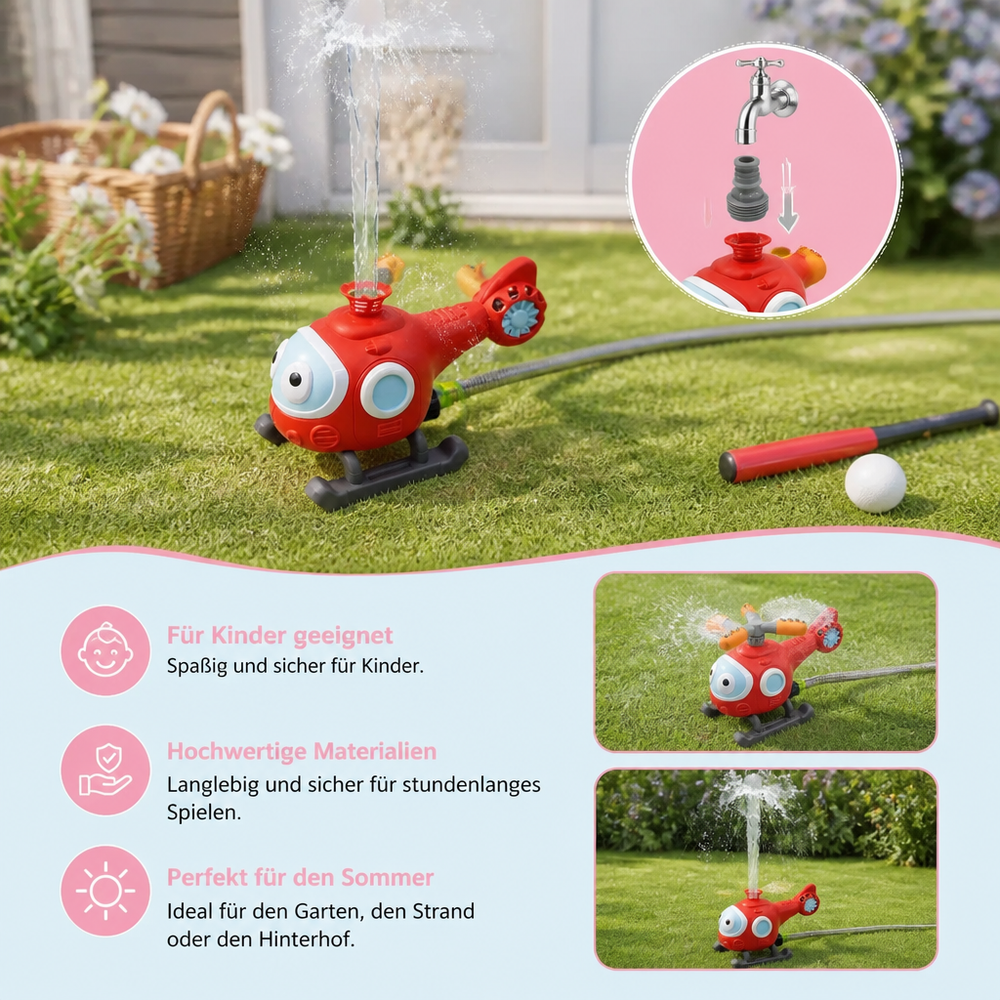 Glückliches Kind spielt mit dem Baseball Wassersprinkler und genießt Abkühlung im Sommergarten.