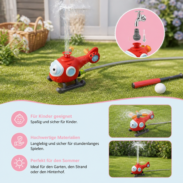 Glückliches Kind spielt mit dem Baseball Wassersprinkler und genießt Abkühlung im Sommergarten.