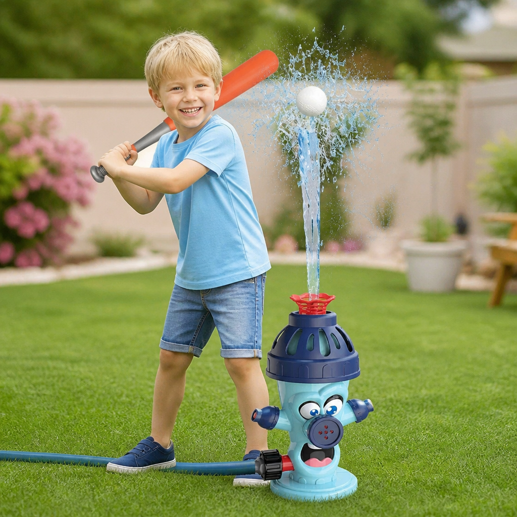Wassersprinkler in Aktion, spritzt erfrischendes Wasser für Kinder. Tolle Abkühlung und Bewegung im Sommer.