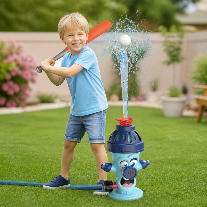 Wassersprinkler in Aktion, spritzt erfrischendes Wasser für Kinder. Tolle Abkühlung und Bewegung im Sommer.