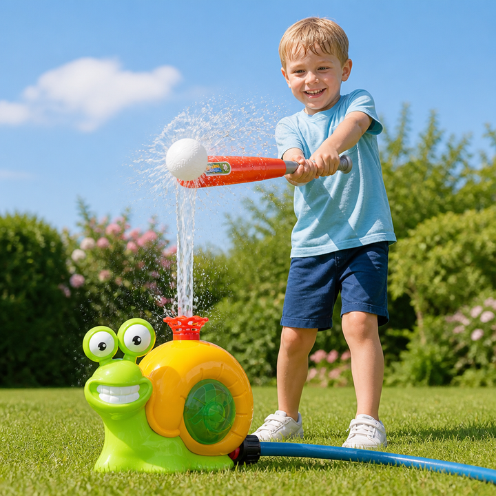 Kinder lachen und spielen ausgelassen mit dem Wassersprinkler im Garten. Optimales Sommerspielzeug für Outdoor-Vergnügen.
