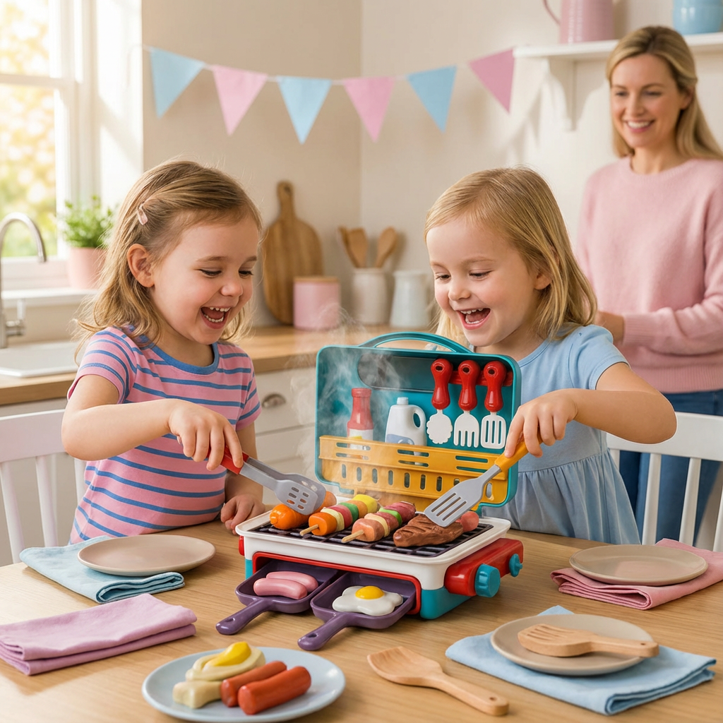 Kinder BBQ-Grill Spielzeug mit Rauch & Farbwechsel-Lebensmitteln für authentisches Rollenspiel in der Spielküche.
