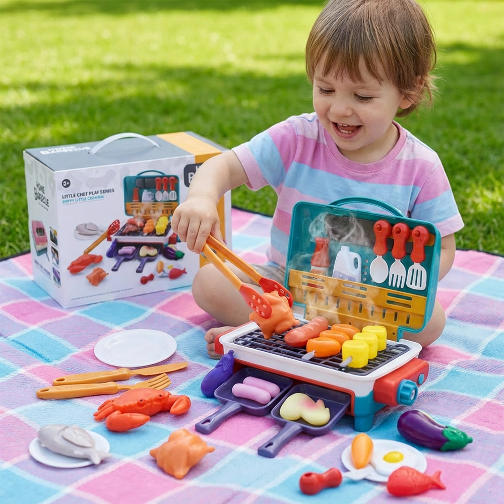 Interaktiver Kinder BBQ Grill mit realistischem Rauch Effekt und magischen Farbwechsel-Lebensmitteln für Spielspaß.
