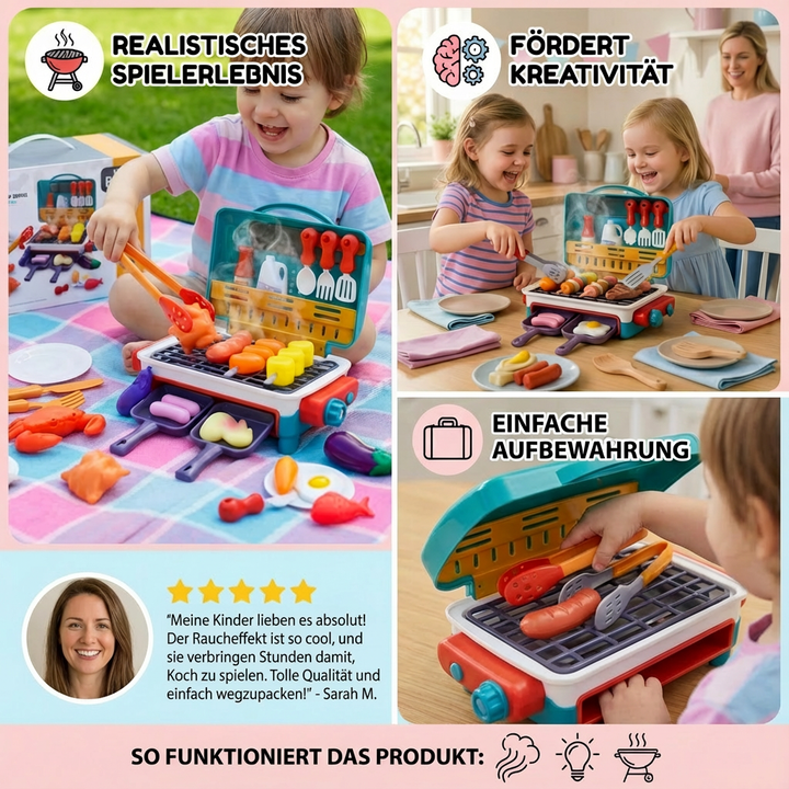 Lustiges Rollenspiel BBQ Set für Kinder mit Grill, Spielzeugessen und Rauch. Perfekt für kleine Köche im Garten.