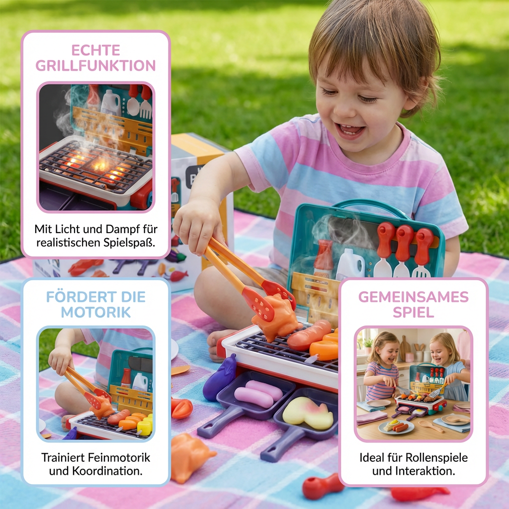 Pädagogisches Kinderspielzeug BBQ-Grill mit Zubehör, fördert Kreativität & soziale Fähigkeiten. Ideal als Geschenk.
