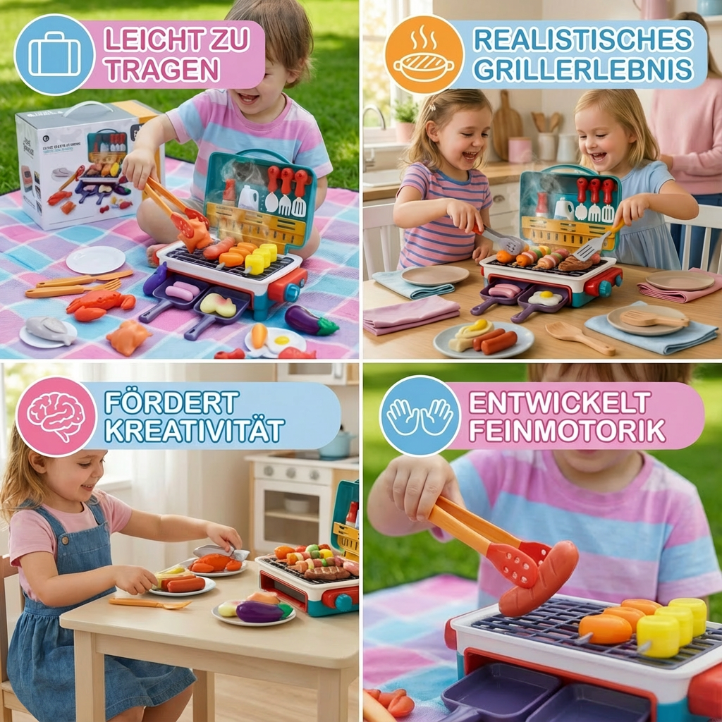 Detailaufnahme: Kinder Grillspielzeug mit farbwechselndem Steak und Gemüse. Lebensechtes BBQ-Vergnügen.