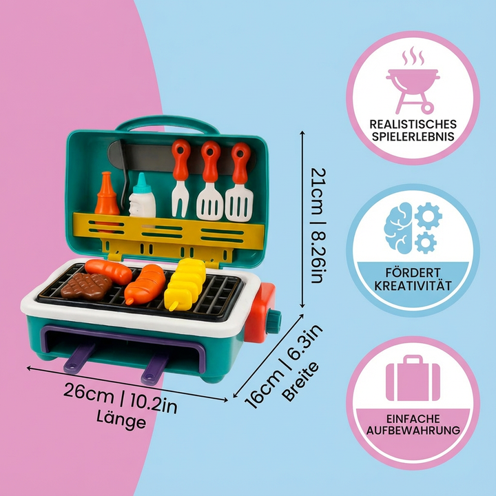 Kinderspielküche Zubehör: BBQ-Grill mit Rauchfunktion und vielen farbenfrohen Spiellebensmitteln für Kleinkinder.