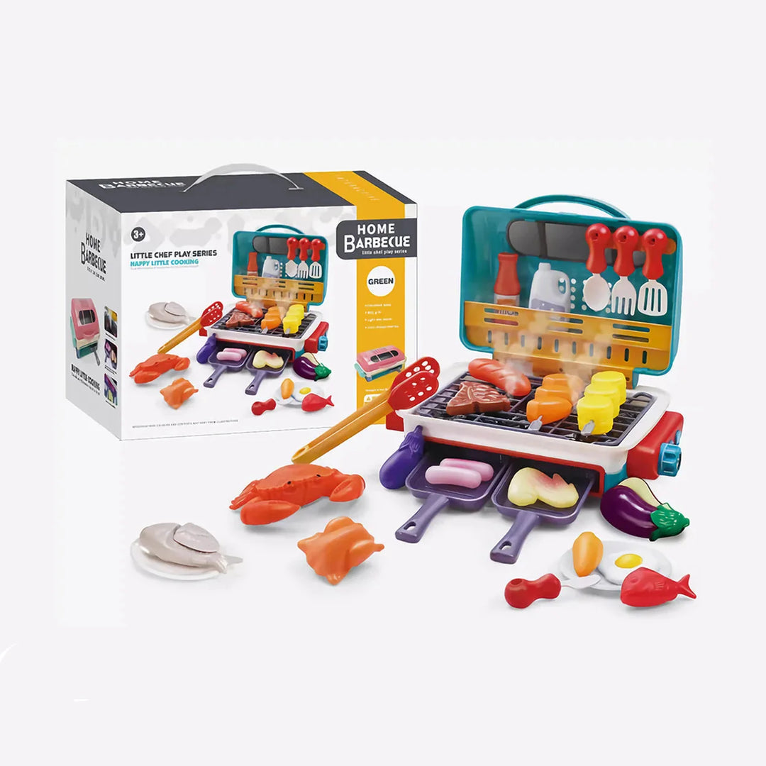 Komplettes BBQ Spielset für Kinder: Spielgrill mit Rauch, Farbwechsel-Wurst & Besteck. Stundenlanger Spielspaß garantiert.