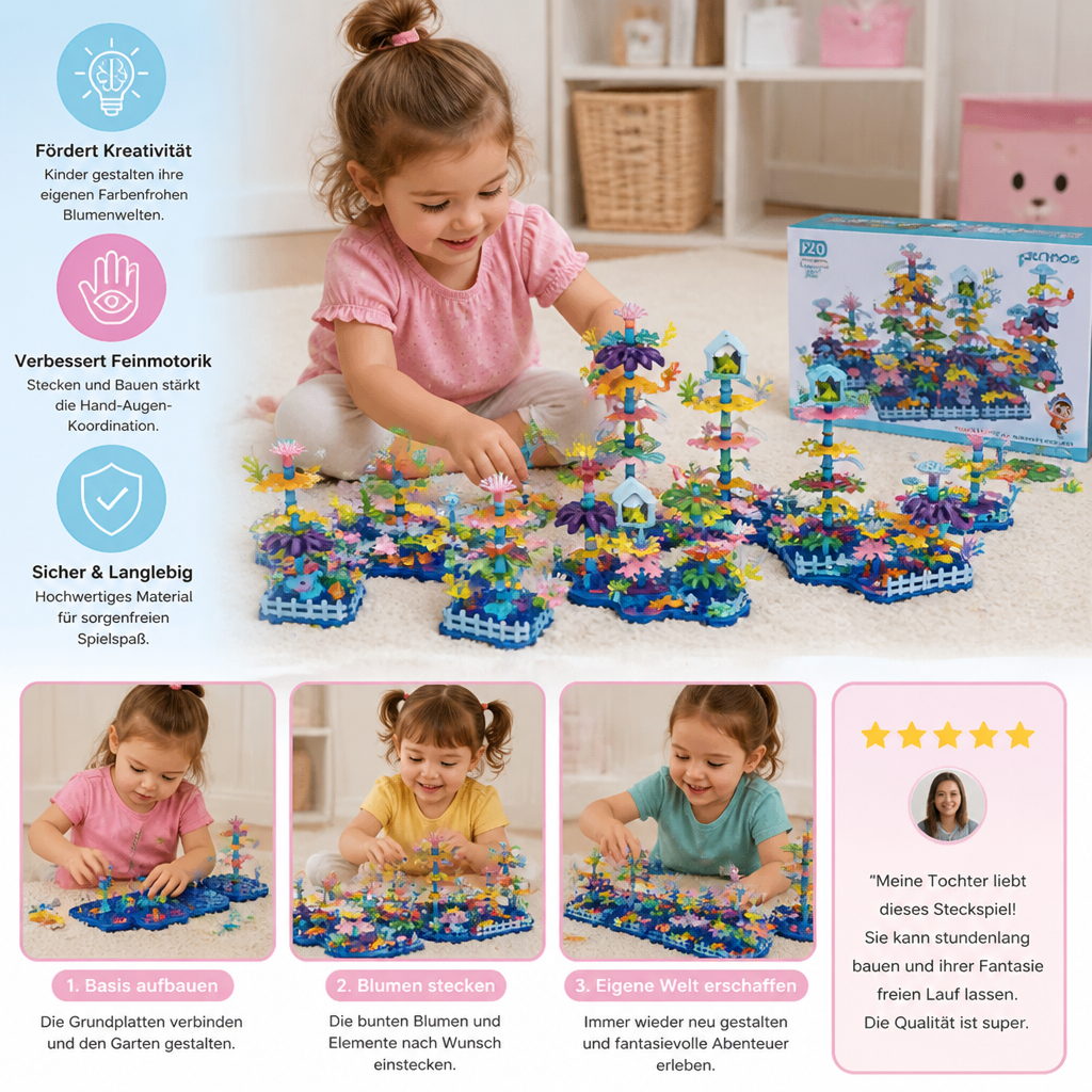 Blumengarten Steckspiel für Kinder: Stiele, Blüten, Blätter stecken. Fördert Frühförderung & logisches Denken.
