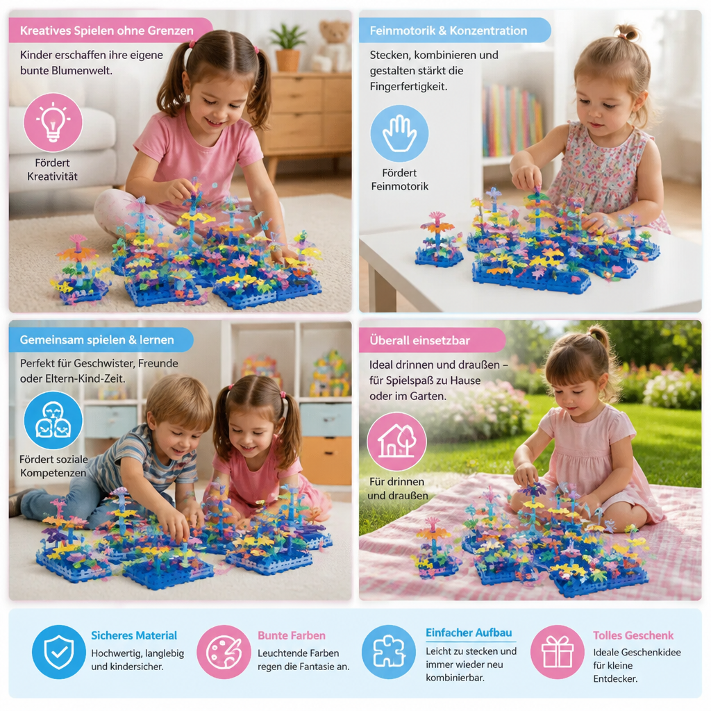 Kreatives Konstruktionsspielzeug: Kinder bauen ihren eigenen Blumengarten. Ideal für Feinmotorik & Spielspaß.