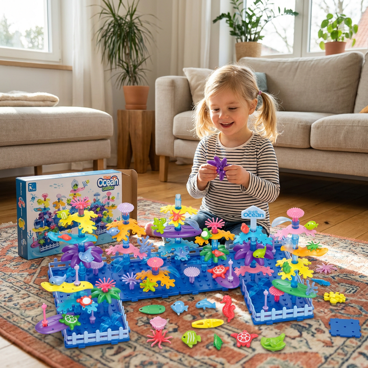 Farbenfrohes Kinder Blumengarten Steckspiel mit vielfältigen Steckelementen. Robustes Lernspielzeug für Motorik.
