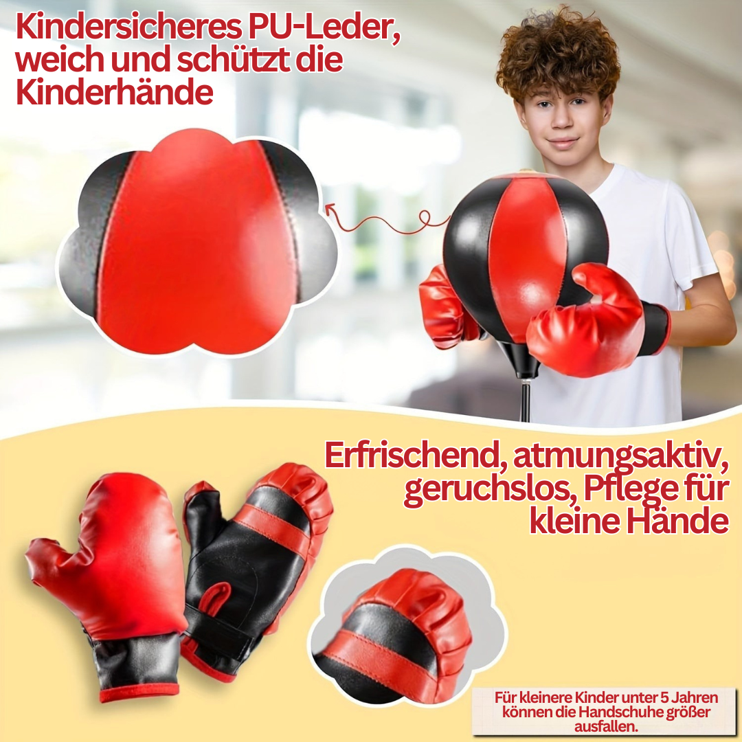 Boxsack-Set für Kinder in Blau/Schwarz mit roten Handschuhen. Langlebiges Sportspielzeug für Koordination & Fitness zu Hause.