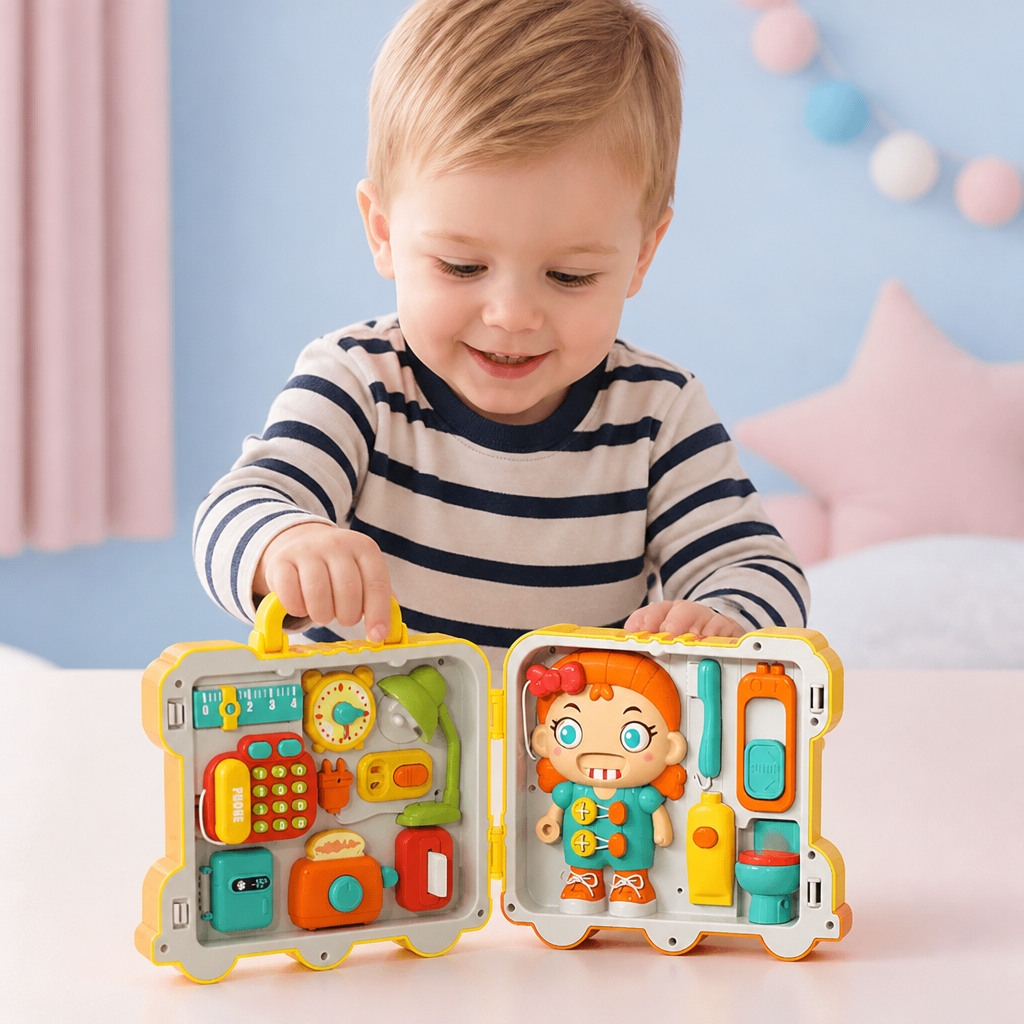 Kinder Bus Busy Board aus Holz, Montessori Motorikspielzeug für Kleinkinder zur Förderung der Feinmotorik und Entwicklung.