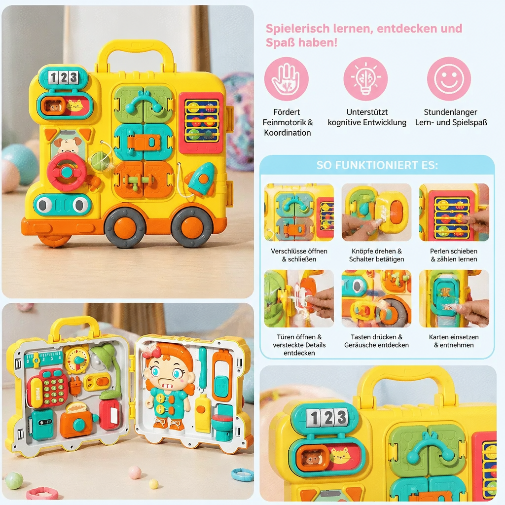 Kleinkind spielt mit dem bunten Kinder Bus Busy Board, fördert spielerisch Motorik, Feinmotorik und frühe Entwicklung.