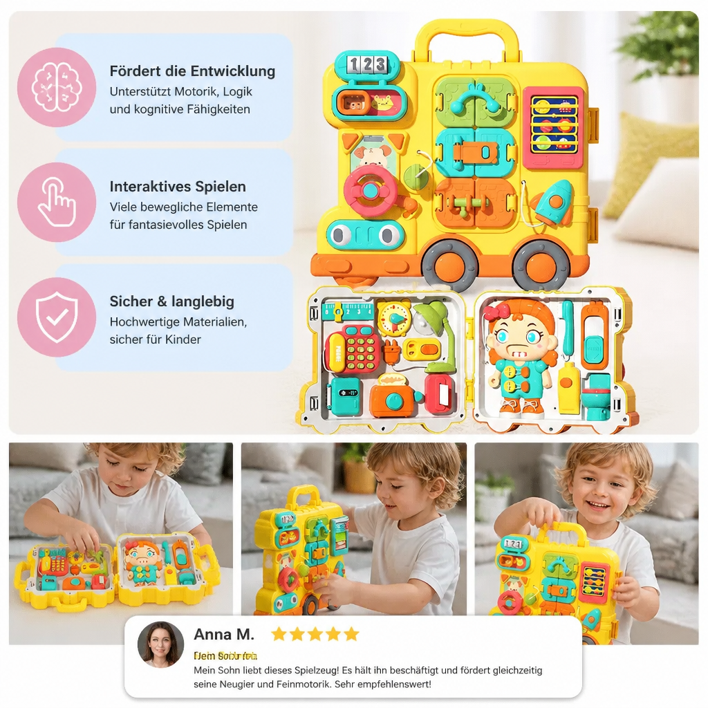 Hochwertiges Holz Kinder Bus Busy Board im Montessori-Stil, ideal als Lernspielzeug und Reisespielzeug für Babys.