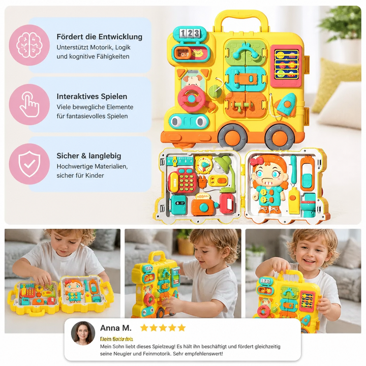 Hochwertiges Holz Kinder Bus Busy Board im Montessori-Stil, ideal als Lernspielzeug und Reisespielzeug für Babys.