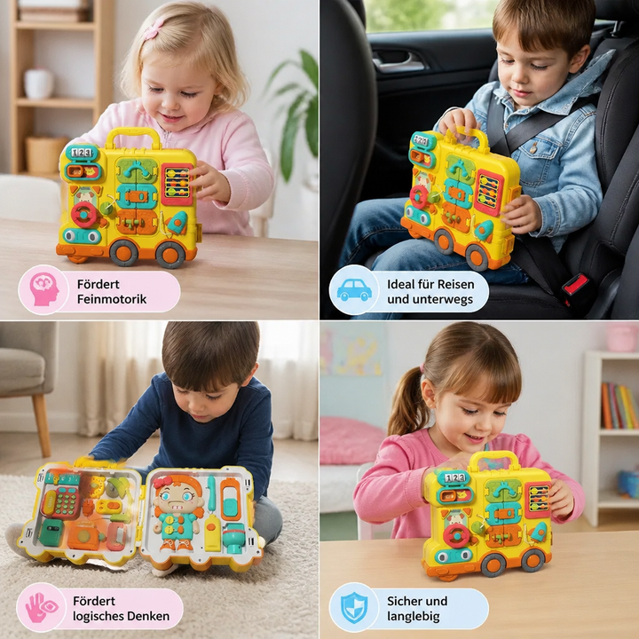 Kinder Bus Busy Board: Robustes Kinderspielzeug zur Förderung von Feinmotorik, Konzentration und kognitiver Entwicklung.