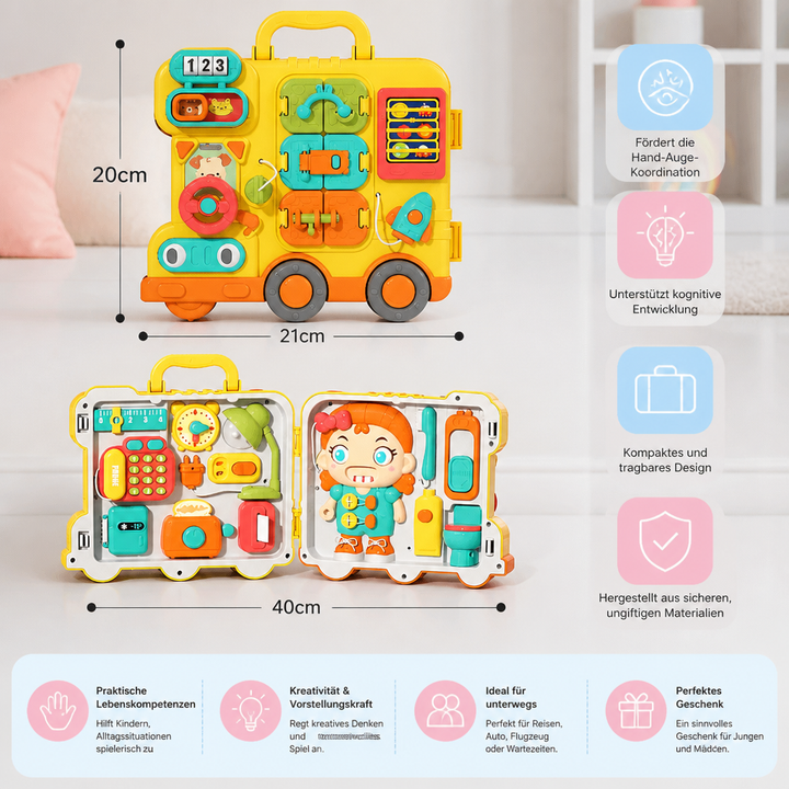 Interaktiver Spielbus als Busy Board, perfekt für Kleinkinder, um verschiedene Verschlüsse und Mechanismen zu entdecken.