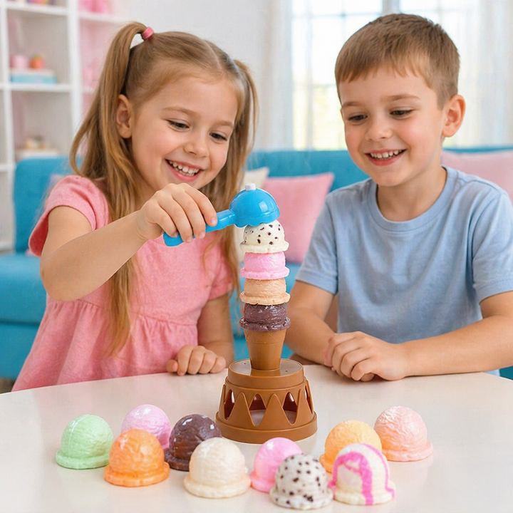 Kinder Eiscreme Stapelspiel aus Holz fördert Geschicklichkeit, Balance und Feinmotorik bei Kindern ab 3 Jahren.