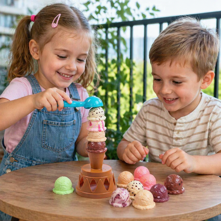 Spielende Kinder stapeln bunte Eiskugeln, üben Balance und Konzentration mit diesem kreativen Lernspielzeug.