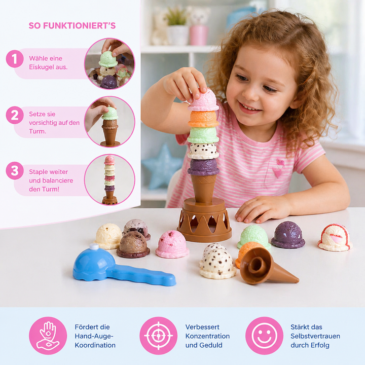 Buntes Stapelspiel mit Holzkugeln und Waffel-Basis als Eiscreme, ideal für Geschicklichkeit und kreatives Lernen.