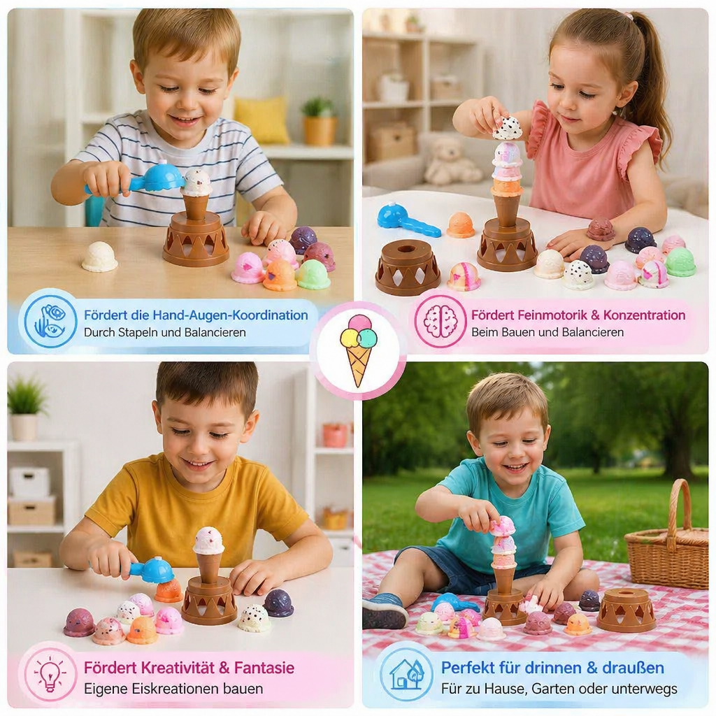 Holz-Eiscreme-Stapelspiel zur Entwicklung von Feinmotorik, Balance, Konzentration und kreativem Denken bei Kindern.