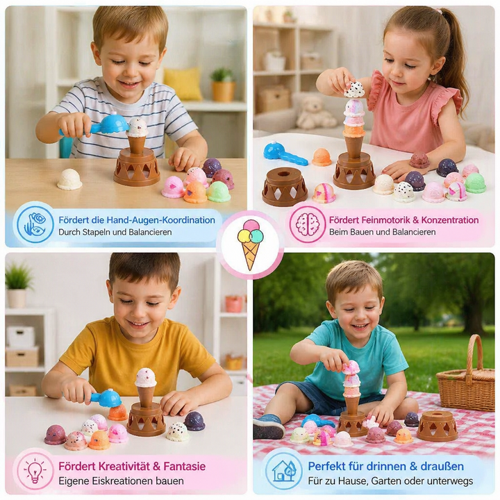 Holz-Eiscreme-Stapelspiel zur Entwicklung von Feinmotorik, Balance, Konzentration und kreativem Denken bei Kindern.