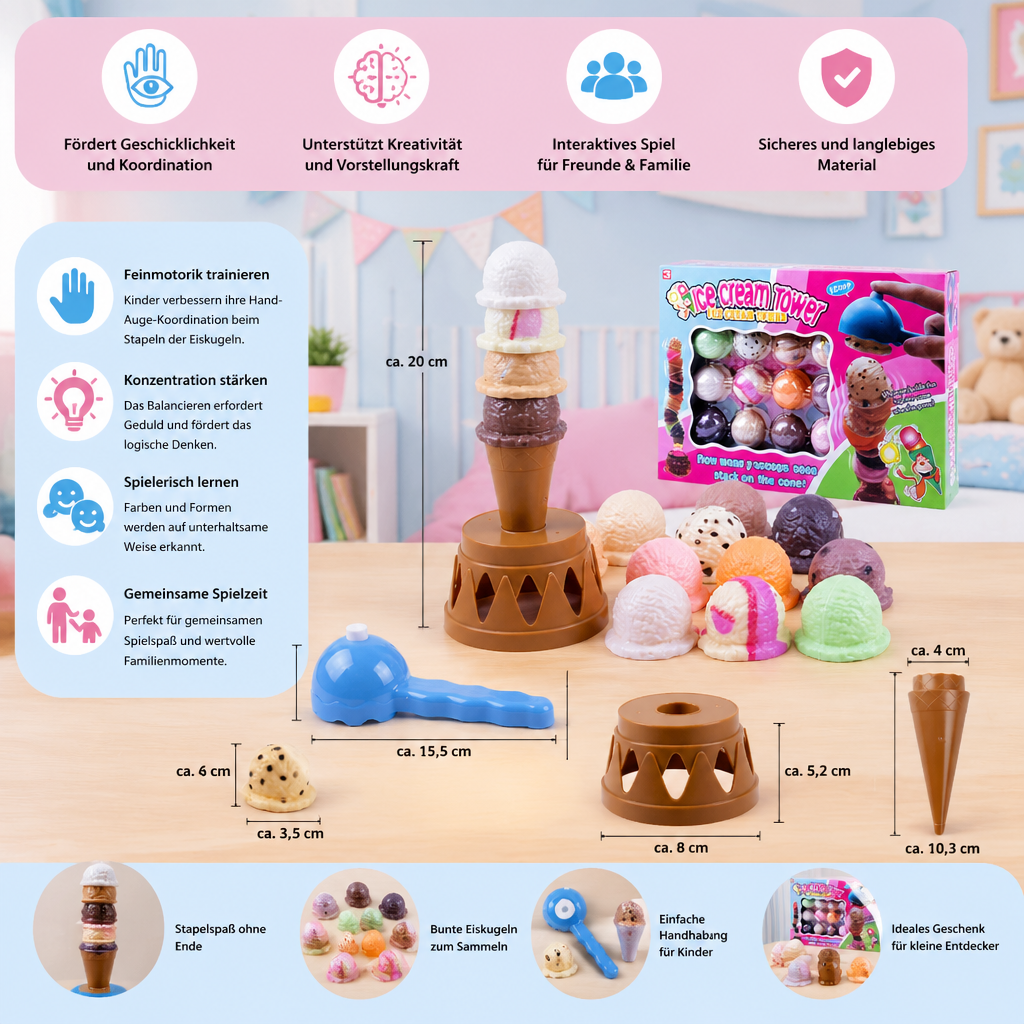 Detailansicht des Eiscreme Stapelspiels, zeigt bunte Kugeln und Waffel für spielerisches Lernen und Balance.