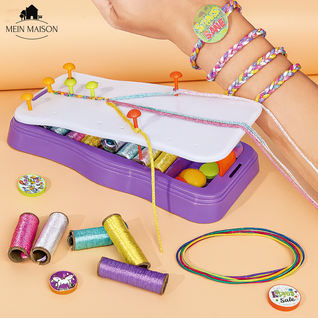 Lernspielzeug Flechtset für Kinder: Spielerisch Feinmotorik & Kreativität beim Basteln bunter Armbänder fördern.